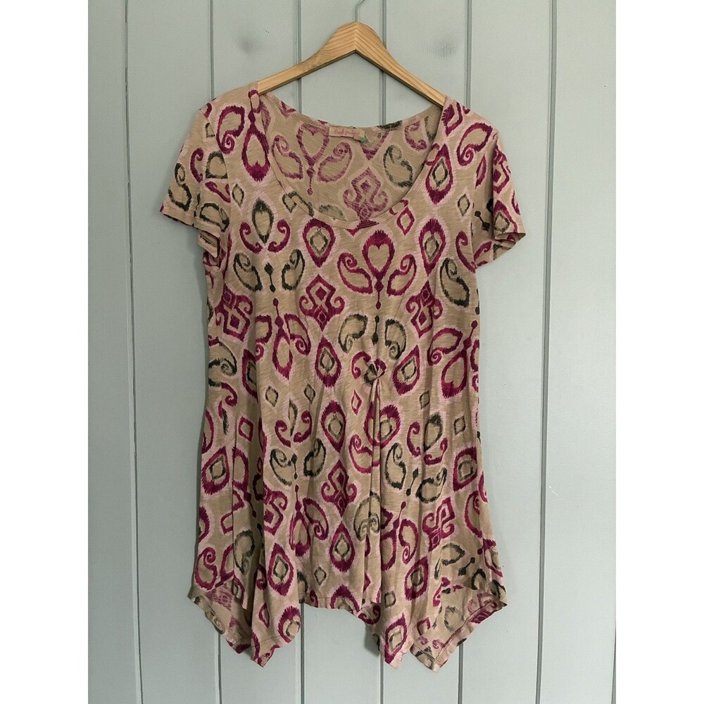 Fresh Produce Slub Tunic Top M Medium Scoop Neck Gathered Asymmetrical Hem Ikat